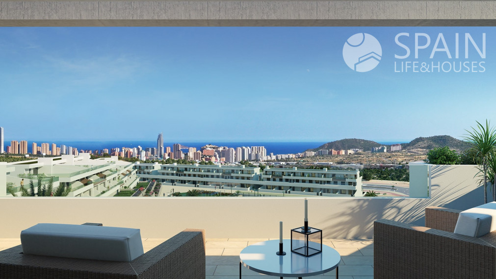 Posledné voľné apartmány s obrovskými terasami o rozlohe 40 m2 s krásnym výhľadom na more a panorámu Benidorm, Finestrat, Costa Blanca sever