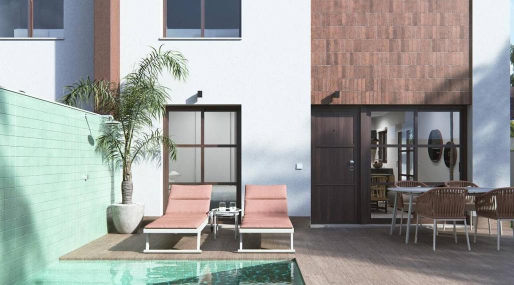 Newly built semi-detached bungalow with private pool 4 km from the beach in Pilar de la Horadada, Alicante. Delivery in the second half of 2023