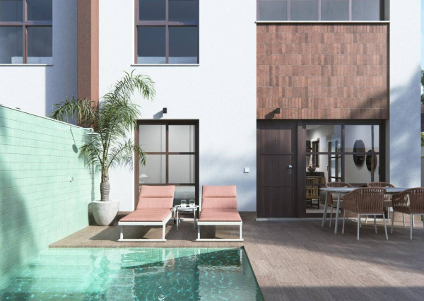 Novopostavený dvojdom s vlastným bazénom 4 km od pláže v Pilar de la Horadada, Alicante. Dodanie v druhej polovici roka 2023